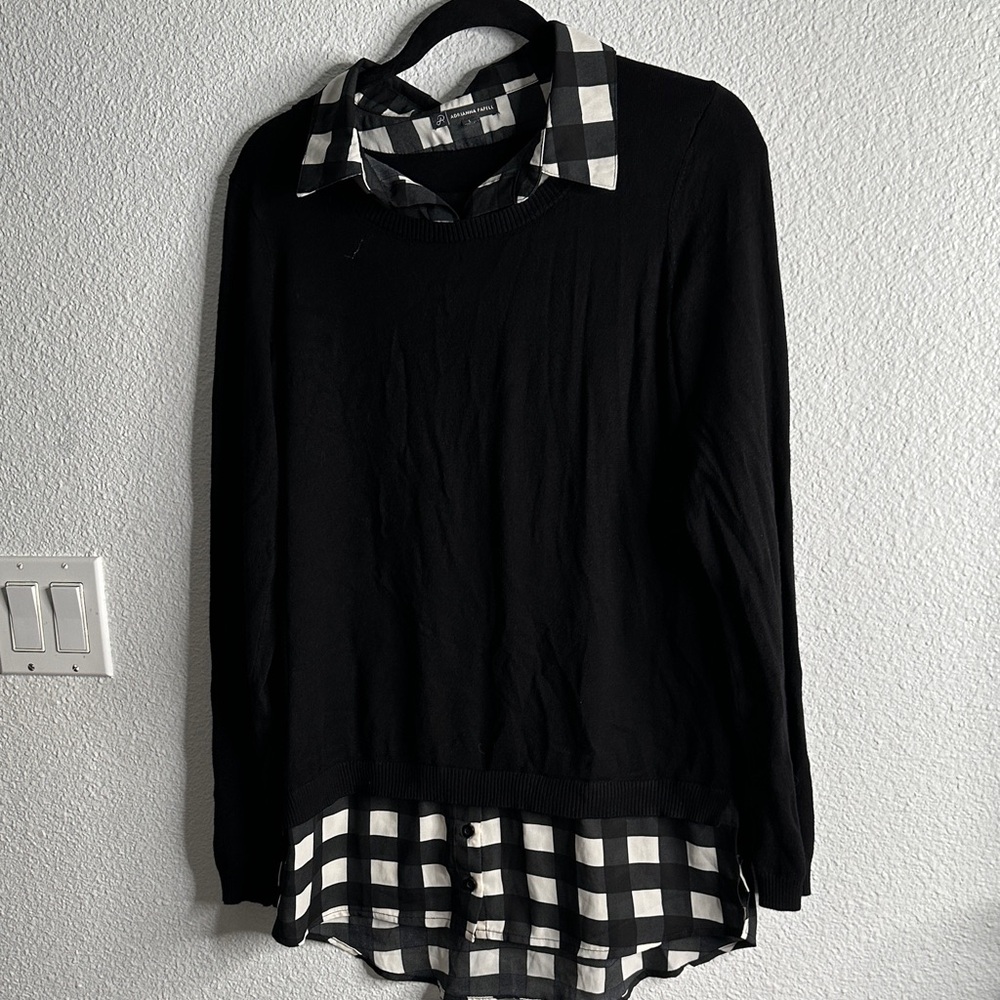 Adrianna papell Black Layered Plaid Hem Sweater Top - Women size L